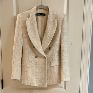 Zara Ivory Tweed Double-Breasted Blazer